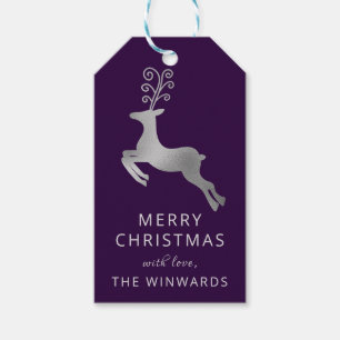Holiday Christmas Purple and Silver Foil Reindeer Gift Tags