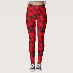 Holiday Christmas Red Flower Poinsettia Leggings