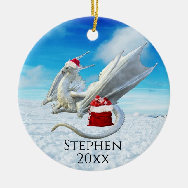 Holiday Christmas Santa Winter Dragon Ceramic Ornament (Front)