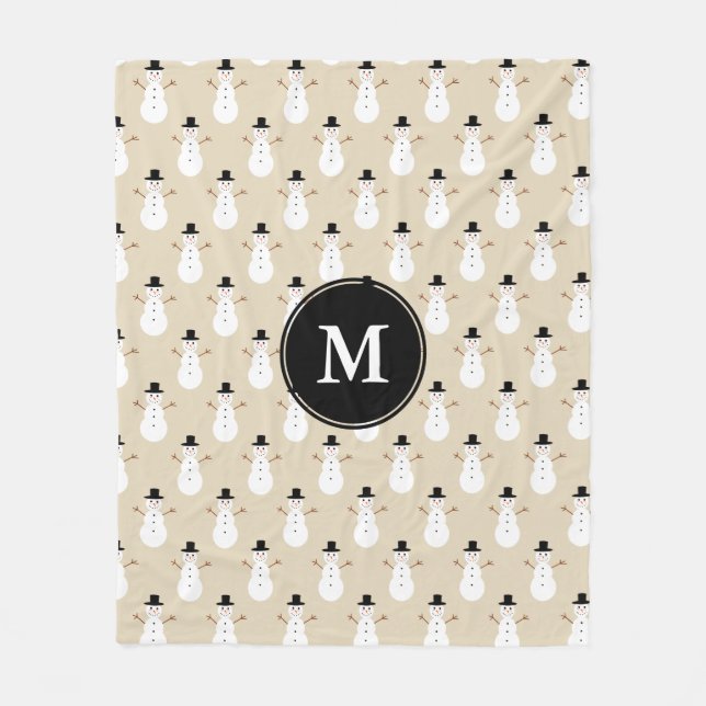 Holiday Christmas Snowman Pattern & Initial Letter Fleece Blanket (Front)