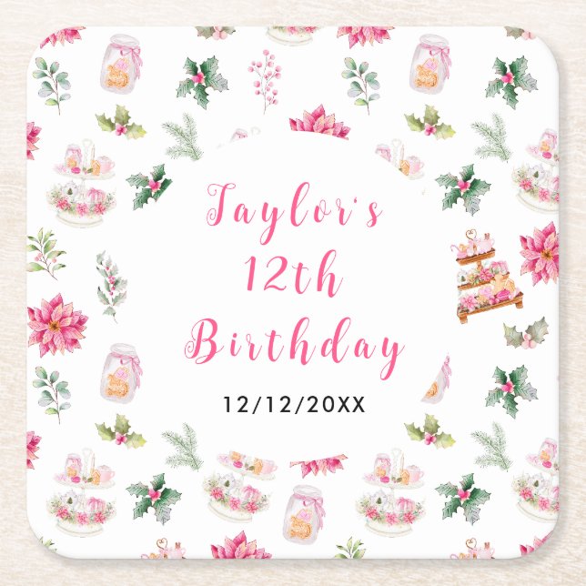 Holiday Christmas Tea Birthday Party Pink Square Paper Coaster (Front)