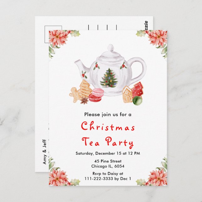 Holiday Christmas Tea Party Red Postcard (Front/Back)