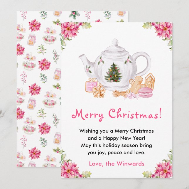 Holiday Christmas Tea Pink Merry Christmas Card (Front/Back)