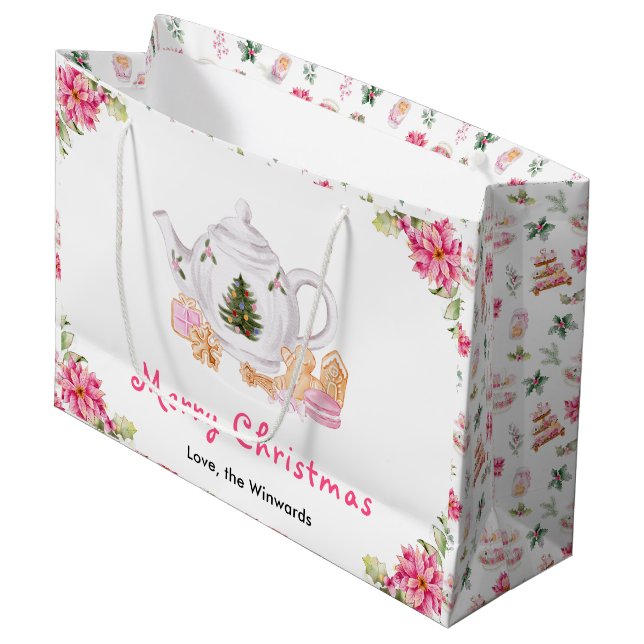 Holiday Christmas Tea Pink Merry Christmas Large Gift Bag (Front Angled)
