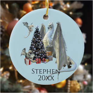 Holiday Christmas Tree Ice Dragon with Babies Ceramic Ornament