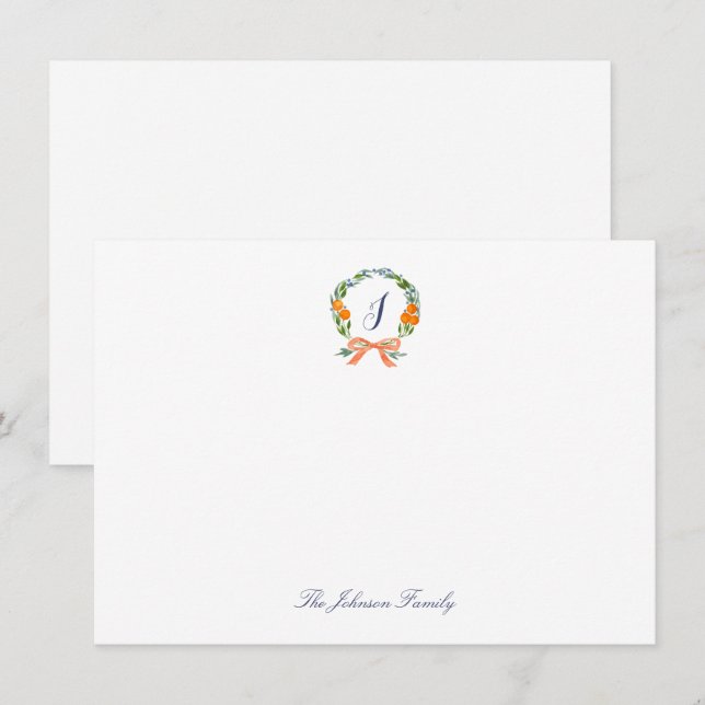 Holiday Christmas Wreath Bow Oranges Monogram Card (Front/Back)