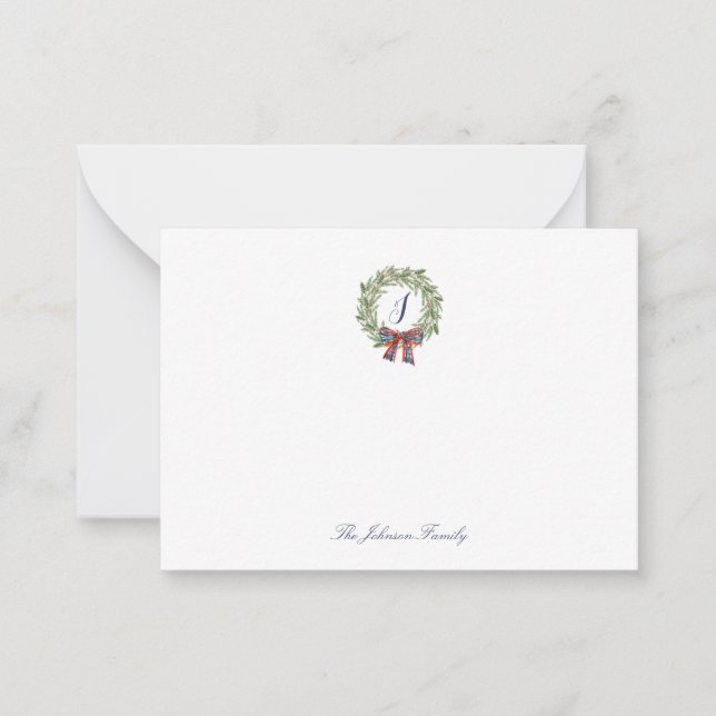 Holiday Christmas Wreath Bow Stationery Monogram Card (Front)