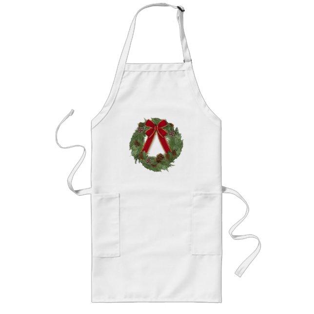 Holiday Christmas Wreath Pine Cones Hand Painted Long Apron (Front)