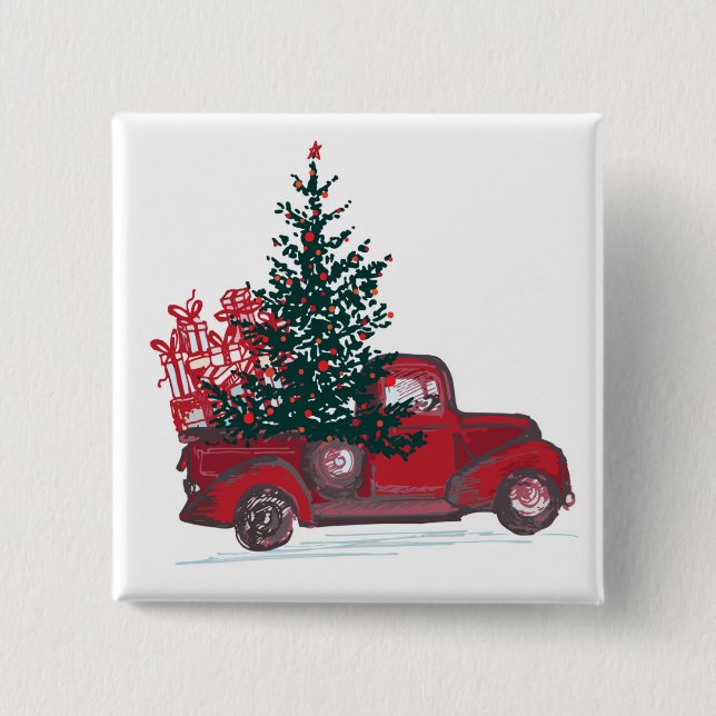 Holiday Classic Red Pickup Truck 2 Inch Square Button (Front)