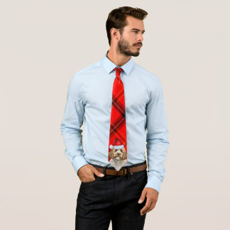 Holiday Cockapoo Christmas Dog on Red Plaid Tie