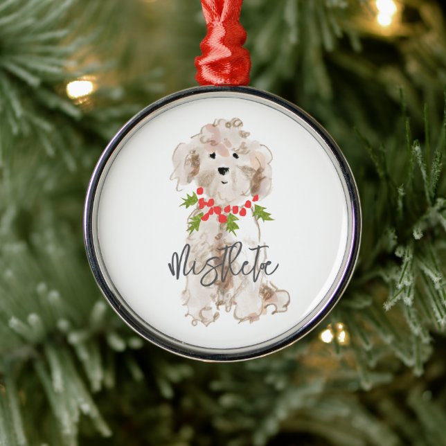 Holiday Cockapoo Dog NAME Holly Festive Christmas Metal Ornament (Tree)