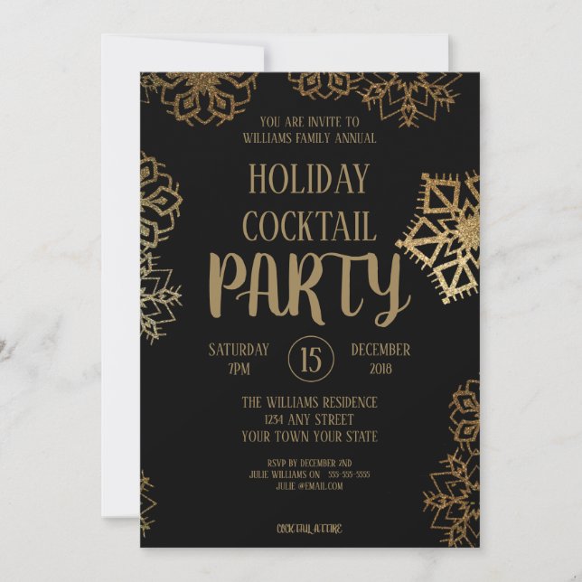 Holiday Cocktail Party| Black and Gold Glitter Invitation (Front)