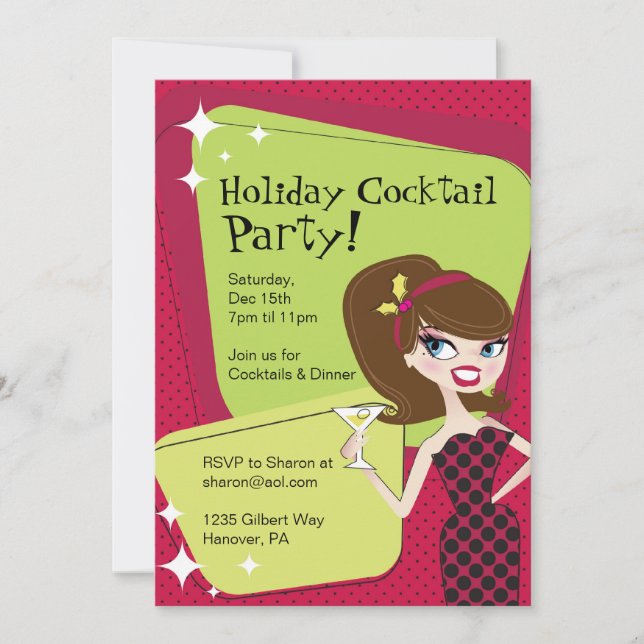 Holiday Cocktail Party Retro Woman with Martini Invitation (Front)