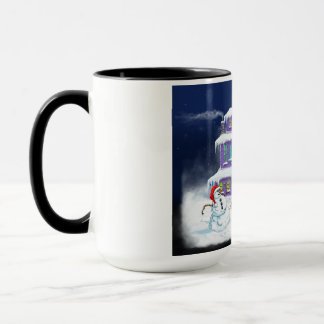 holiday coffe mug snow man christmas tree artwork