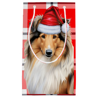 Holiday Collie and Festive Holiday Plaid Christmas Small Gift Bag
