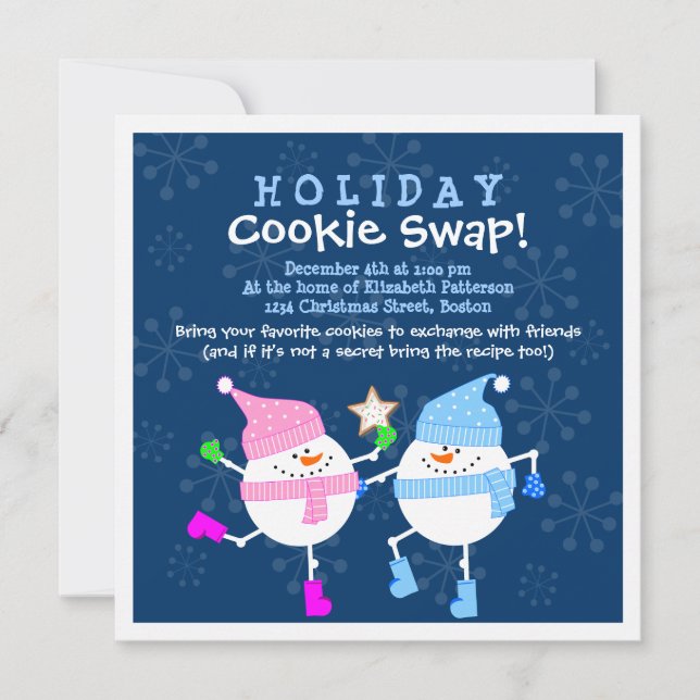 Holiday Cookie Swap Happy Snowmen Invitation (Front)