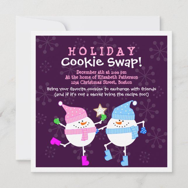 Holiday Cookie Swap Happy Snowmen Invitation (Front)