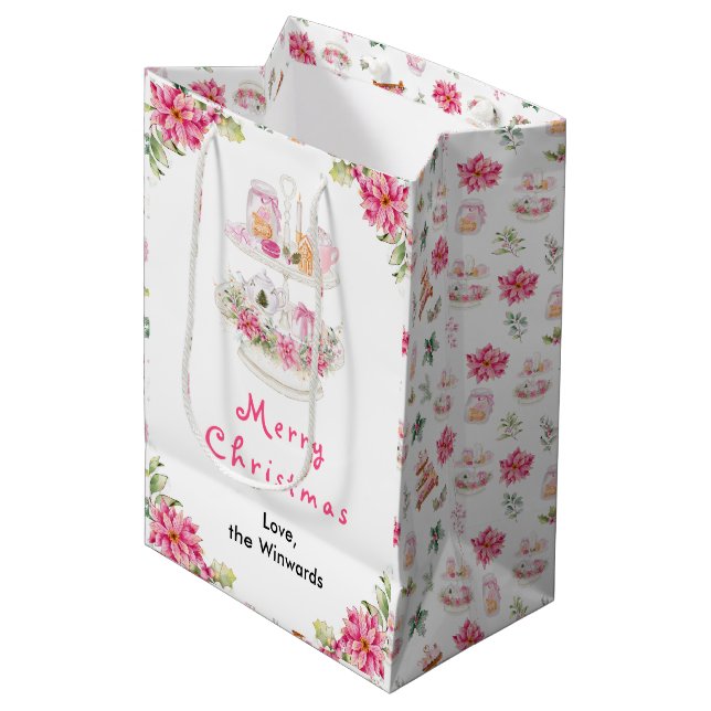 Holiday Cookies and Cocoa Pink Merry Christmas Medium Gift Bag (Front Angled)