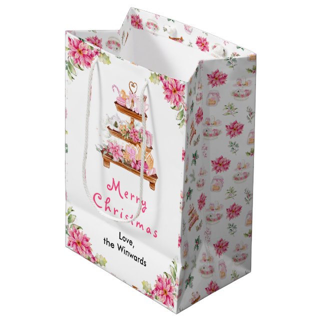 Holiday Cookies and Cocoa Pink Merry Christmas Medium Gift Bag (Front Angled)