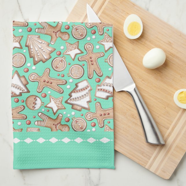 Holiday Cookies Pattern on Teal Kitchen Towel (Quarter Fold)