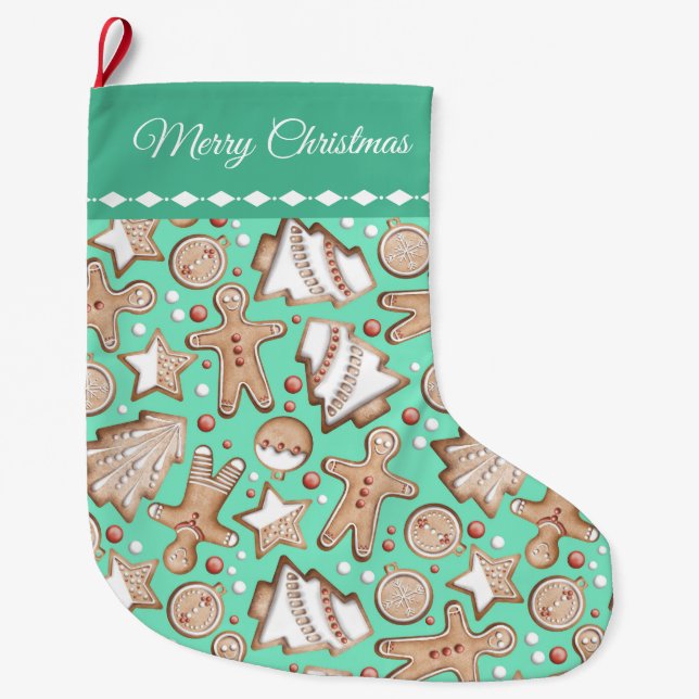 Holiday Cookies Pattern on Teal Large Christmas Stocking (Front)