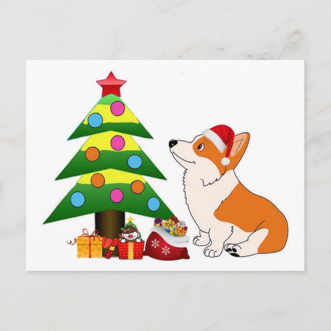 Holiday Corgi Cartoon with Tree Postcard (Front)