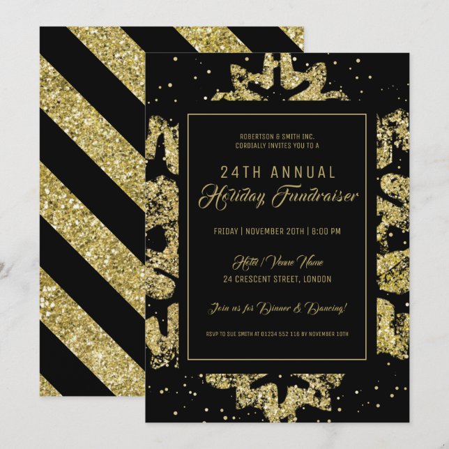 Holiday Corporate Charity Fundraiser Gold & Black Invitation (Front/Back)