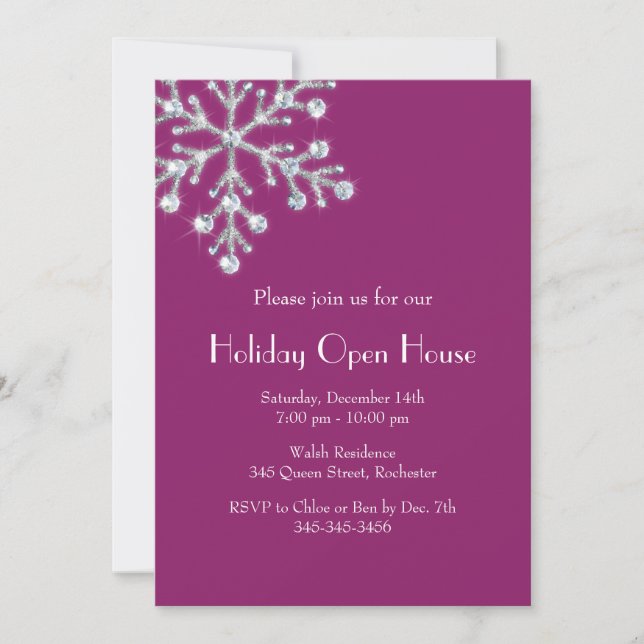 Holiday Crystal Snowflake Open House (magenta) Invitation (Front)