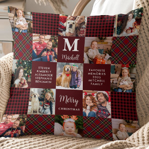 Holiday Custom Patchwork Plaid Family 15 Photos Throw Pillow