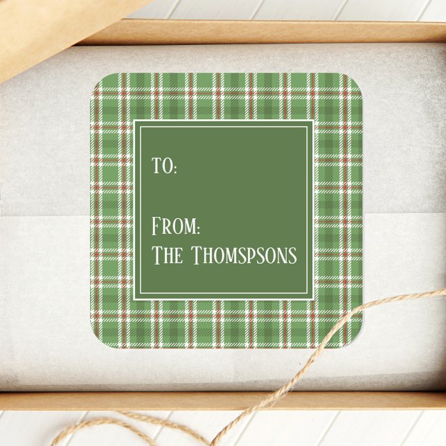 Holiday Cute Green Red Rustic Country Plaid Square Sticker (Christmas holiday square sticker with green and red plaid pattern. )