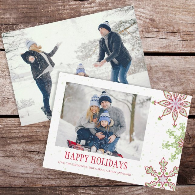 Holiday Cute Snowflake Whimsical Colorful 2 Photo Card (Happy Holidays Christmas photo card with whimsical colorful snowflake design. )