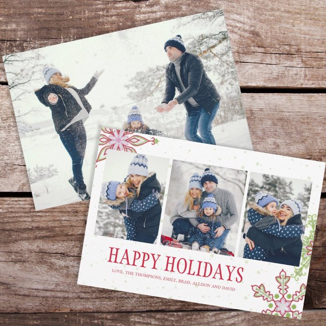 Holiday Cute Snowflake Whimsical Colorful 4 Photo Card (Happy Holidays Christmas photo card with whimsical colorful snowflake design. )