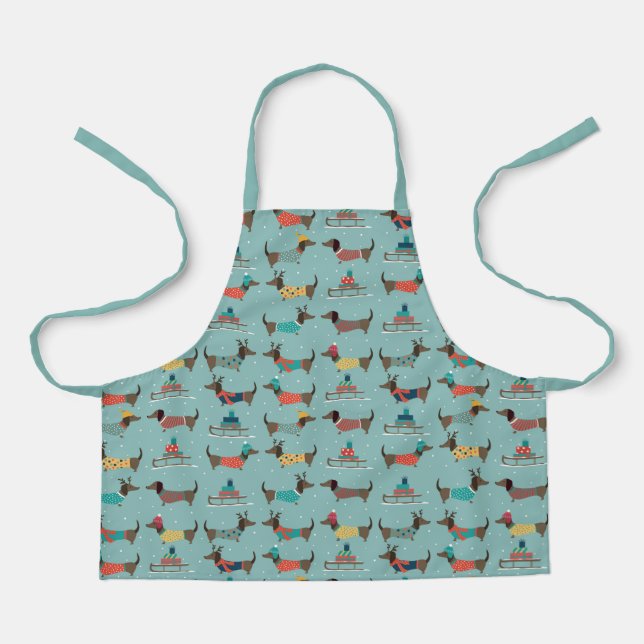 Holiday Dachshunds with Gifts and Sleds Pattern Apron (Front)
