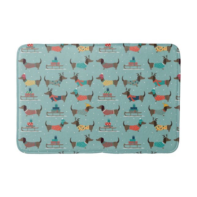 Holiday Dachshunds with Gifts and Sleds Pattern Bath Mat (Front)