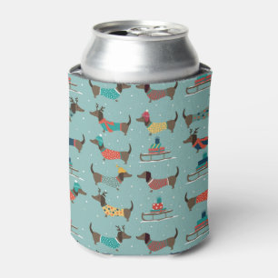 Holiday Dachshunds with Gifts and Sleds Pattern Can Cooler
