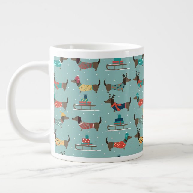 Holiday Dachshunds with Gifts and Sleds Pattern Large Coffee Mug (Left)