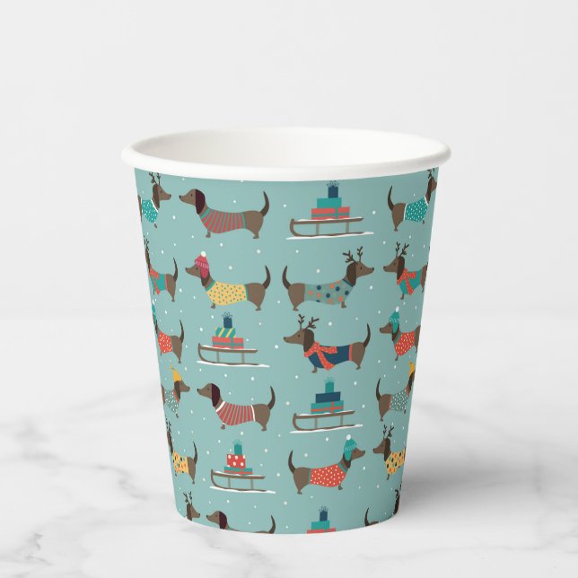 Holiday Dachshunds with Gifts and Sleds Pattern Paper Cups (Front)