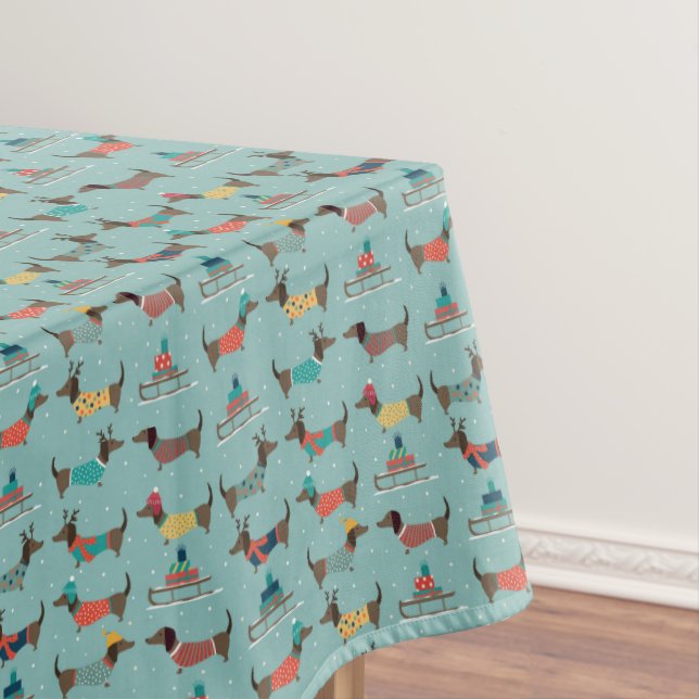 Holiday Dachshunds with Gifts and Sleds Pattern Tablecloth (In Situ)