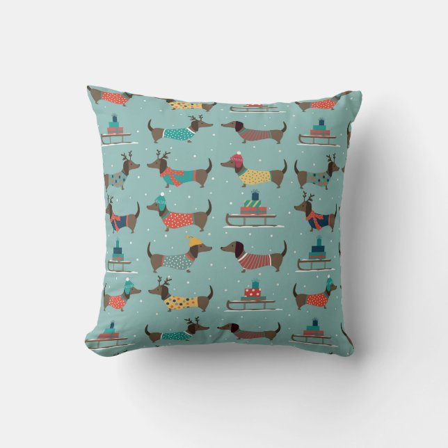 Holiday Dachshunds with Gifts and Sleds Pattern Throw Pillow (Front)