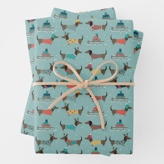 Holiday Dachshunds with Gifts and Sleds Pattern Wrapping Paper Sheet (In situ)