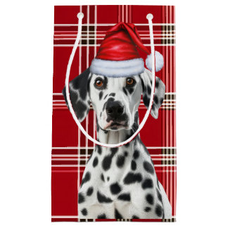 Holiday Dalmatian Dog Red Festive Plaid Christmas Small Gift Bag