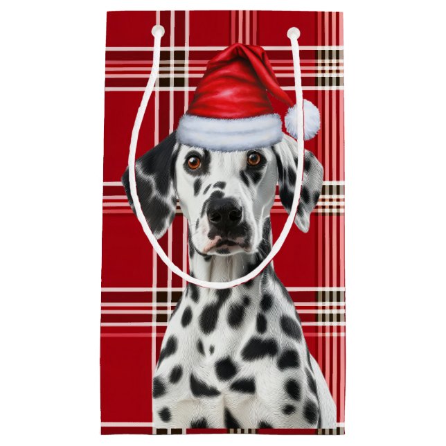 Holiday Dalmatian Dog Red Festive Plaid Christmas Small Gift Bag (Front)