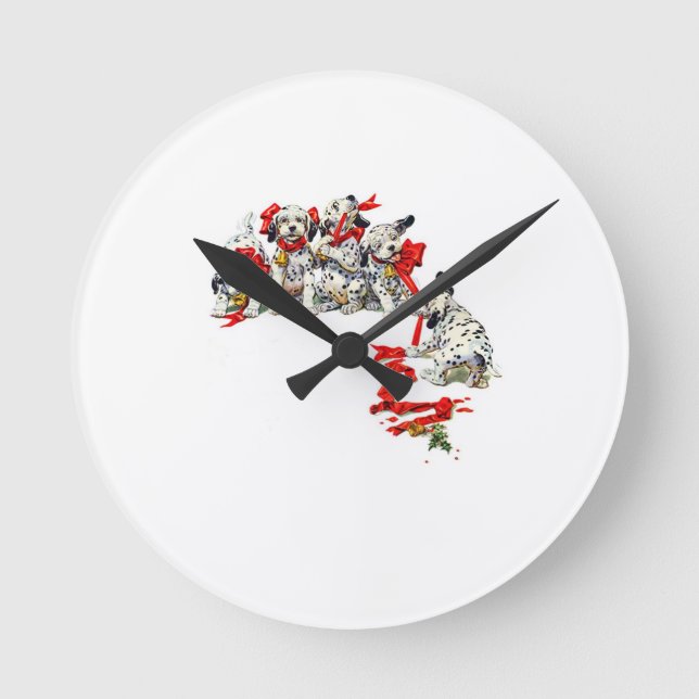 Holiday Dalmatin Pups with Red Ribbon Round Clock (Front)