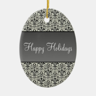 Holiday Damask Oval Christmas Ornament, Grey Ceramic Ornament