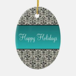 Holiday Damask Oval Christmas Ornament, Turquoise Ceramic Ornament