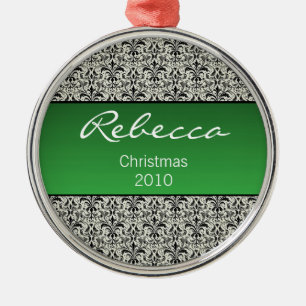 Holiday Damask Premium Round Ornament, Green Metal Ornament