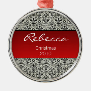 Holiday Damask Premium Round Ornament, Red Metal Ornament