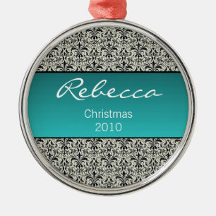 Holiday Damask Premium Round Ornament, Turquoise Metal Ornament