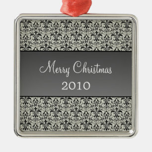 Holiday Damask Premium Square Ornament, Grey Metal Ornament