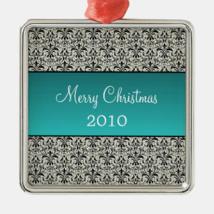 Holiday Damask Premium Square Ornament, Turquoise Metal Ornament